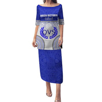 Personalized Queen Victoria School Puletasi With Fijian Tapa Pattern LT05 Long Dress Blue - Polynesian Pride