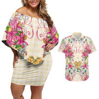 Hawaii Palaka Couples Matching Off Shoulder Short Dress and Hawaiian Shirt Yellow Tribal Pattern With Tropical Flowers - Polynesian Pride