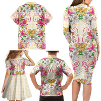Hawaii Palaka Family Matching Long Sleeve Bodycon Dress and Hawaiian Shirt Yellow Tribal Pattern With Tropical Flowers LT05 - Polynesian Pride