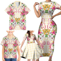 Hawaii Palaka Family Matching Short Sleeve Bodycon Dress and Hawaiian Shirt Yellow Tribal Pattern With Tropical Flowers LT05 - Polynesian Pride