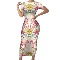 Hawaii Palaka Family Matching Short Sleeve Bodycon Dress and Hawaiian Shirt Yellow Tribal Pattern With Tropical Flowers LT05 Mom's Dress Yellow - Polynesian Pride
