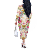 Hawaii Palaka Off The Shoulder Long Sleeve Dress Yellow Tribal Pattern With Tropical Flowers - Polynesian Pride