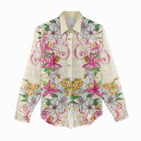 Hawaii Palaka Women Casual Shirt Yellow Tribal Pattern With Tropical Flowers - Polynesian Pride