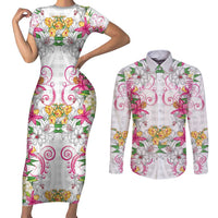 Hawaii Palaka Couples Matching Short Sleeve Bodycon Dress and Long Sleeve Button Shirt White Tribal Pattern With Tropical Flowers - Polynesian Pride