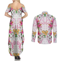 Hawaii Palaka Couples Matching Summer Maxi Dress and Long Sleeve Button Shirt White Tribal Pattern With Tropical Flowers - Polynesian Pride
