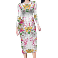 Hawaii Palaka Family Matching Long Sleeve Bodycon Dress and Hawaiian Shirt White Tribal Pattern With Tropical Flowers LT05 Mom's Dress White - Polynesian Pride