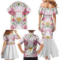 Hawaii Palaka Family Matching Mermaid Dress and Hawaiian Shirt White Tribal Pattern With Tropical Flowers LT05 - Polynesian Pride