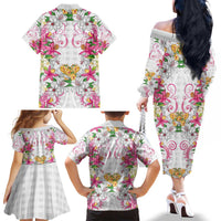 Hawaii Palaka Family Matching Off The Shoulder Long Sleeve Dress and Hawaiian Shirt White Tribal Pattern With Tropical Flowers LT05 - Polynesian Pride