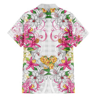 Hawaii Palaka Family Matching Off The Shoulder Long Sleeve Dress and Hawaiian Shirt White Tribal Pattern With Tropical Flowers LT05 - Polynesian Pride