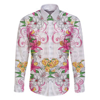 Hawaii Palaka Family Matching Off The Shoulder Long Sleeve Dress and Hawaiian Shirt White Tribal Pattern With Tropical Flowers LT05 Dad's Shirt - Long Sleeve White - Polynesian Pride