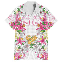 Hawaii Palaka Family Matching Off Shoulder Short Dress and Hawaiian Shirt White Tribal Pattern With Tropical Flowers - Polynesian Pride