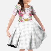 Hawaii Palaka Kid Short Sleeve Dress White Tribal Pattern With Tropical Flowers - Polynesian Pride