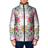 Hawaii Palaka Padded Jacket White Tribal Pattern With Tropical Flowers - Polynesian Pride