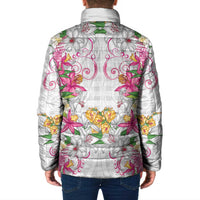 Hawaii Palaka Padded Jacket White Tribal Pattern With Tropical Flowers - Polynesian Pride