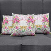 Hawaii Palaka Pillow Cover White Tribal Pattern With Tropical Flowers - Polynesian Pride