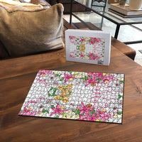 Hawaii Palaka Puzzle White Tribal Pattern With Tropical Flowers - Polynesian Pride