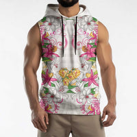 Hawaii Palaka Sleeveless Hoodie White Tribal Pattern With Tropical Flowers - Polynesian Pride