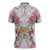 Hawaii Palaka Zipper Polo Shirt White Tribal Pattern With Tropical Flowers - Polynesian Pride