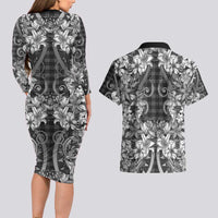 Hawaii Palaka Couples Matching Long Sleeve Bodycon Dress and Hawaiian Shirt Black Tribal Pattern With Tropical Flowers LT05 - Polynesian Pride