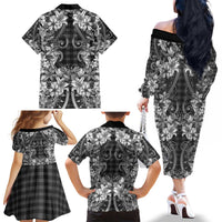Hawaii Palaka Family Matching Off The Shoulder Long Sleeve Dress and Hawaiian Shirt Black Tribal Pattern With Tropical Flowers LT05 - Polynesian Pride