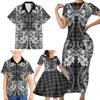Hawaii Palaka Family Matching Short Sleeve Bodycon Dress and Hawaiian Shirt Black Tribal Pattern With Tropical Flowers LT05 - Polynesian Pride