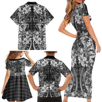 Hawaii Palaka Family Matching Short Sleeve Bodycon Dress and Hawaiian Shirt Black Tribal Pattern With Tropical Flowers LT05 - Polynesian Pride