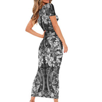 Hawaii Palaka Family Matching Short Sleeve Bodycon Dress and Hawaiian Shirt Black Tribal Pattern With Tropical Flowers LT05 - Polynesian Pride