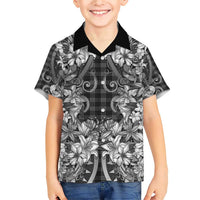 Hawaii Palaka Family Matching Short Sleeve Bodycon Dress and Hawaiian Shirt Black Tribal Pattern With Tropical Flowers LT05 Son's Shirt Black - Polynesian Pride