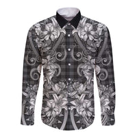 Hawaii Palaka Long Sleeve Button Shirt Black Tribal Pattern With Tropical Flowers - Polynesian Pride