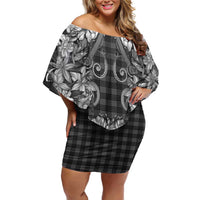 Hawaii Palaka Off Shoulder Short Dress Black Tribal Pattern With Tropical Flowers - Polynesian Pride