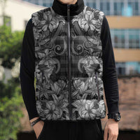 Hawaii Palaka Sleeveless Puffer Jacket Black Tribal Pattern With Tropical Flowers - Polynesian Pride