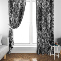 Hawaii Palaka Window Curtain Black Tribal Pattern With Tropical Flowers - Polynesian Pride