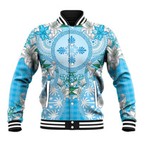 Hawaii Cyan Palaka Baseball Jacket With Tapa Pattern Tropical Flowers - Polynesian Pride