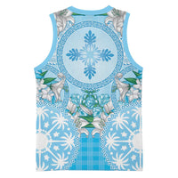 Hawaii Cyan Palaka Basketball Jersey With Tapa Pattern Tropical Flowers - Polynesian Pride