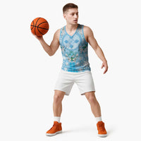 Hawaii Cyan Palaka Basketball Jersey With Tapa Pattern Tropical Flowers - Polynesian Pride