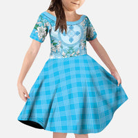 Hawaii Cyan Palaka Family Matching Long Sleeve Bodycon Dress and Hawaiian Shirt With Tapa Pattern Tropical Flowers LT05 Daughter's Dress Cyan - Polynesian Pride
