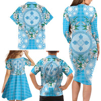 Hawaii Cyan Palaka Family Matching Long Sleeve Bodycon Dress and Hawaiian Shirt With Tapa Pattern Tropical Flowers LT05 - Polynesian Pride
