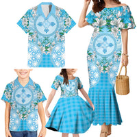 Hawaii Cyan Palaka Family Matching Mermaid Dress and Hawaiian Shirt With Tapa Pattern Tropical Flowers LT05 - Polynesian Pride