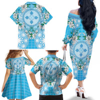 Hawaii Cyan Palaka Family Matching Off The Shoulder Long Sleeve Dress and Hawaiian Shirt With Tapa Pattern Tropical Flowers LT05 - Polynesian Pride