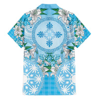 Hawaii Cyan Palaka Family Matching Off Shoulder Maxi Dress and Hawaiian Shirt With Tapa Pattern Tropical Flowers - Polynesian Pride