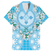 Hawaii Cyan Palaka Family Matching Short Sleeve Bodycon Dress and Hawaiian Shirt With Tapa Pattern Tropical Flowers LT05 Dad's Shirt - Short Sleeve Cyan - Polynesian Pride