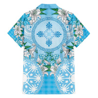 Hawaii Cyan Palaka Family Matching Short Sleeve Bodycon Dress and Hawaiian Shirt With Tapa Pattern Tropical Flowers LT05 - Polynesian Pride