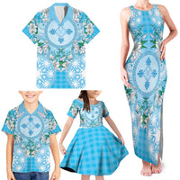 Hawaii Cyan Palaka Family Matching Tank Maxi Dress and Hawaiian Shirt With Tapa Pattern Tropical Flowers LT05 - Polynesian Pride