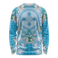 Hawaii Cyan Palaka Long Sleeve Shirt With Tapa Pattern Tropical Flowers - Polynesian Pride