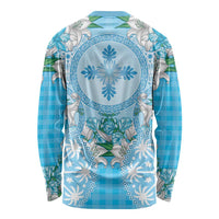 Hawaii Cyan Palaka Long Sleeve Shirt With Tapa Pattern Tropical Flowers - Polynesian Pride