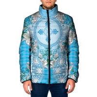 Hawaii Cyan Palaka Padded Jacket With Tapa Pattern Tropical Flowers - Polynesian Pride