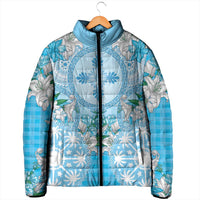 Hawaii Cyan Palaka Padded Jacket With Tapa Pattern Tropical Flowers - Polynesian Pride