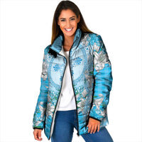 Hawaii Cyan Palaka Padded Jacket With Tapa Pattern Tropical Flowers - Polynesian Pride