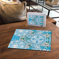 Hawaii Cyan Palaka Puzzle With Tapa Pattern Tropical Flowers - Polynesian Pride