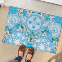 Hawaii Cyan Palaka Rubber Doormat With Tapa Pattern Tropical Flowers - Polynesian Pride